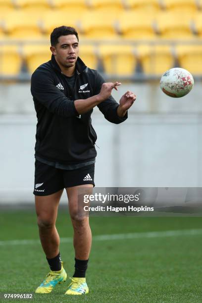 Anton Lienert-Brown passes during the New Zealand All Blacks Captain's Run at Westpac Stadium on June 15, 2018 in Wellington, New Zealand.