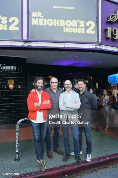 Jason Mantzoukas, Rob Corddry, Brian Huskey, and Jesse Falcon attend "Mr. Neighbor's House 2" Los Angeles screening presented by Adult Swim at Los...