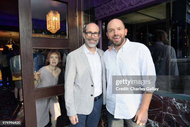 Alice Wetterlund, Brian Huskey, and Paul Scheer attend "Mr. Neighbor's House 2" Los Angeles screening presented by Adult Swim at Los Feliz Theatre on...