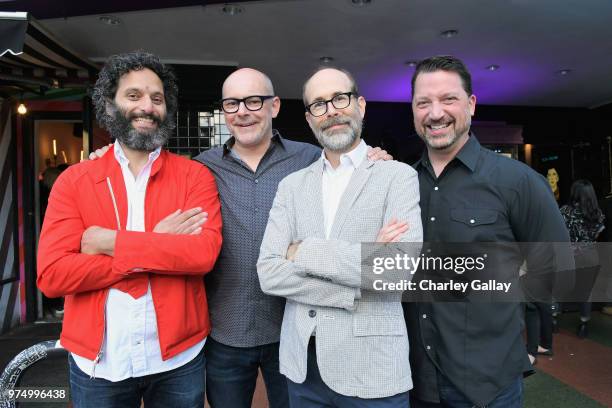 Jason Mantzoukas, Rob Corddry, Brian Huskey, and Jesse Falcon attend "Mr. Neighbor's House 2" Los Angeles screening presented by Adult Swim at Los...