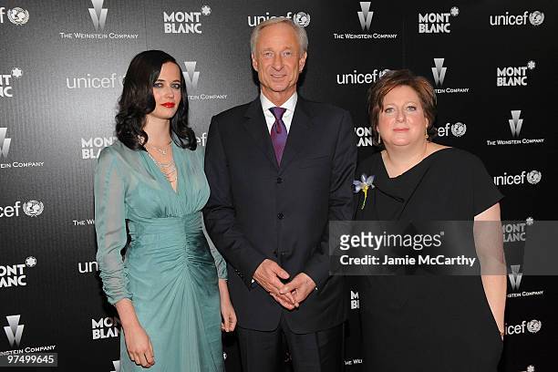 Actress Eva Green, CEO of Mont Blanc International Lutz Bethge and President and CEO of U.S. Fund for UNICEF Caryl Stern arrives at the Montblanc...