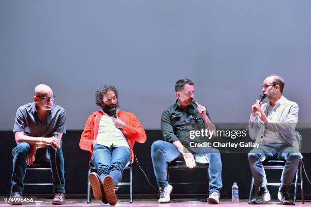 Rob Corddry, Jason Mantzoukas, Jesse Falcon, and Brian Huskey speak onstage at "Mr. Neighbor's House 2" Los Angeles screening presented by Adult Swim...