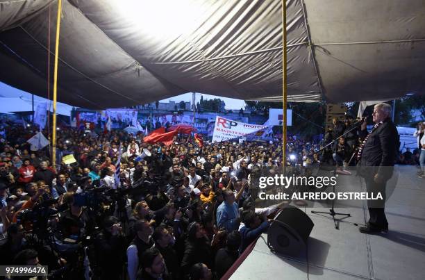 Mexican presidential candidate for the MORENA party, Andres Manuel Lopez Obrador addresses his supporters, during a campaign rally in...