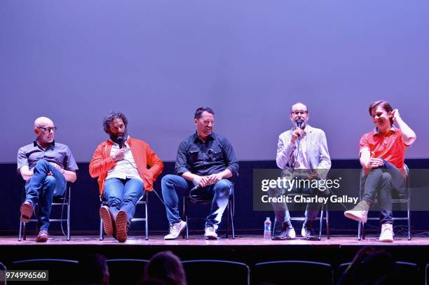 Rob Corddry, Jason Mantzoukas, Jesse Falcon, Brian Huskey, and Bill Benz speak onstage at "Mr. Neighbor's House 2" Los Angeles screening presented by...