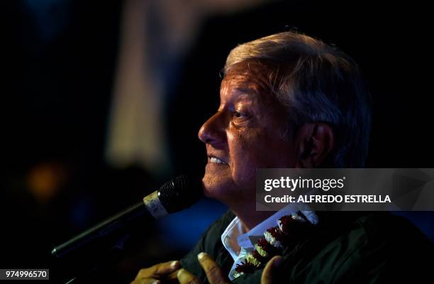 Mexican presidential candidate for the MORENA party, Andres Manuel Lopez Obrador addresses his supporters, during a campaign rally in Chimalhuacan,...