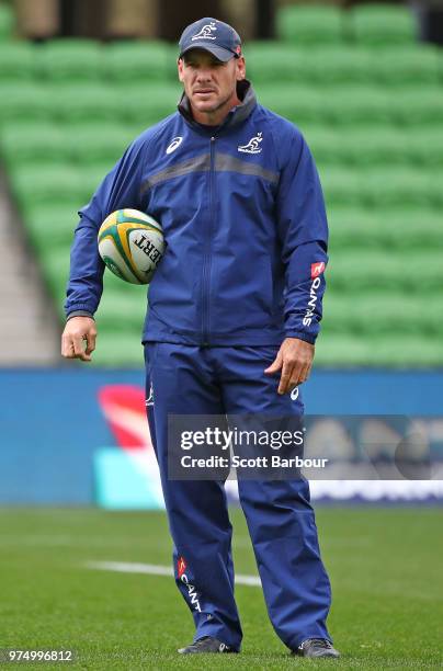 Nathan Grey, defence coach for the Australian Wallabies looks on during an Australian Wallabies Captain's Run at AAMI Park on June 15, 2018 in...