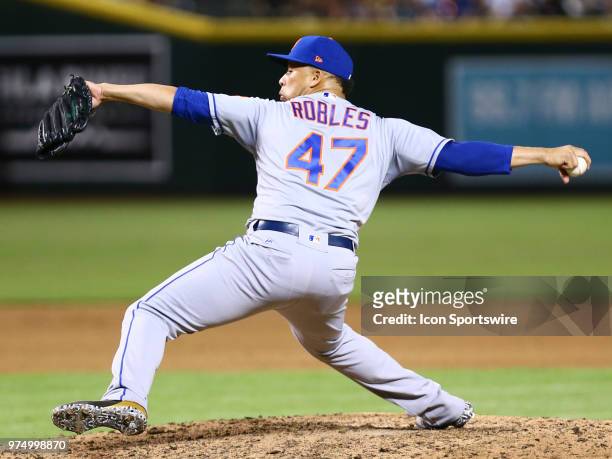 New York Mets relief pitcher Hansel Robles pitches during the MLB baseball game between the Arizona Diamondbacks and the New York Mets on June 14,...