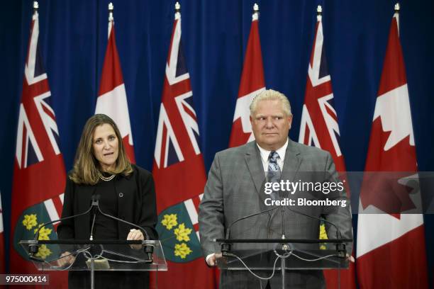 Chrystia Freeland, Canada's minister of foreign affairs, left, speaks as Doug Ford, Ontario's premier-designate, looks on during a briefing on North...