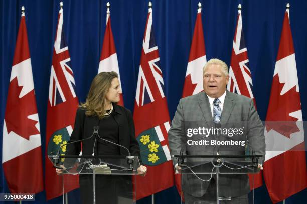 Doug Ford, Ontario's premier-designate, right, speaks as Chrystia Freeland, Canada's minister of foreign affairs, listens during a briefing on North...