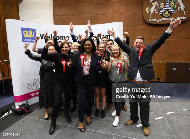 Labour candidate Janet Daby celebrates with her supporters after winning the Lewisham East parliamentary by-election at Lewisham Civic Suite, in...
