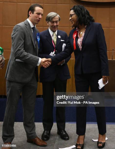 Labour's Janet Daby is congratulated by Conservative candidate Ross Archer after she was declared the winner of the Lewisham East parliamentary...