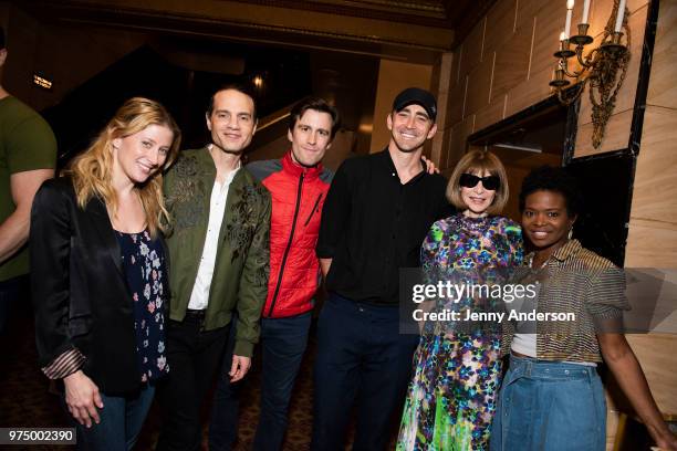 Caissie Levy, Jordan Roth, Gavin Creel, Lee Pace, Anna Wintour and LaChanze attend Swing Left meet and greet at St James Theater on June 12, 2018 in...