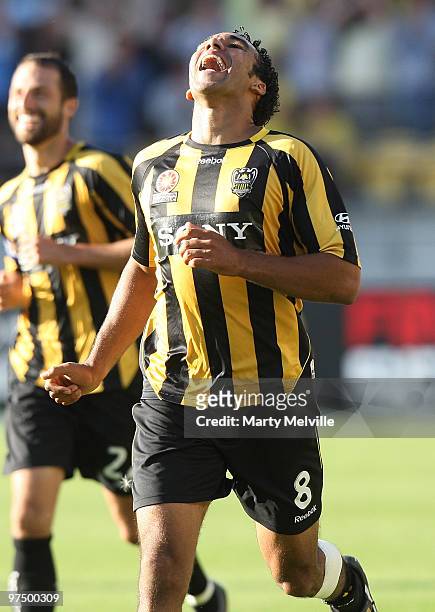 Paul Ifill of the Phoenix celebrates his goal during the A-League Minor Semi Final match between the Wellington Phoenix and the Newcastle Jets at...