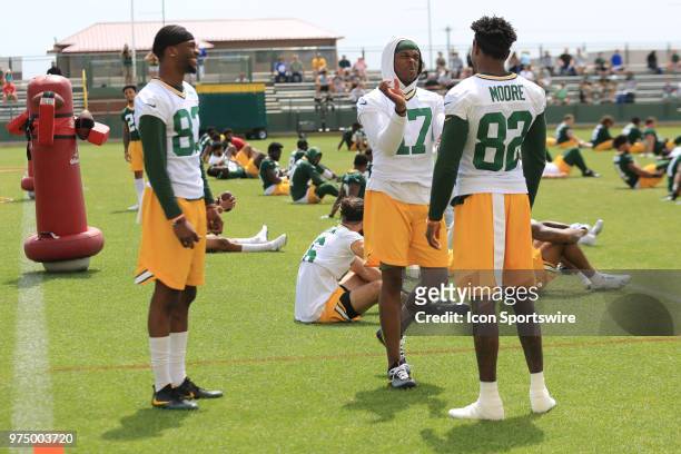 Green Bay Packers wide receiver Davante Adams talks with Green Bay Packers wide receiver J'Mon Moore and Green Bay Packers wide receiver Marquez...