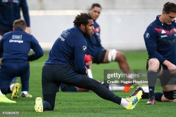 Benjamin Fall stretches during the France Captain's Run at Westpac Stadium on June 15, 2018 in Wellington, New Zealand.