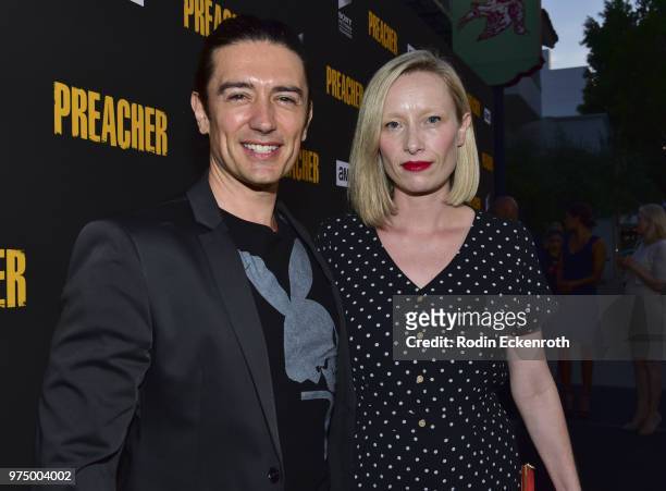 Adam Croasdell and guest arrive at the premiere of AMC's "Preacher" Season 3 at The Hearth and Hound on June 14, 2018 in Los Angeles, California.