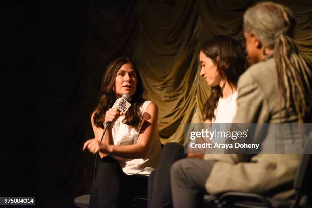 Maura Tierney, Sarah Treem and Elvis Mitchell attend Film Independent at LACMA presents screening and Q&A of "The Affair" at Bing Theater At LACMA on...