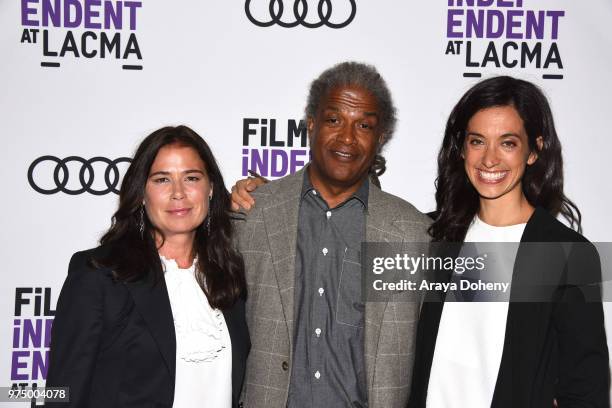 Maura Tierney, Elvis Mitchell and Sarah Treem attend Film Independent at LACMA presents screening and Q&A of "The Affair" at Bing Theater At LACMA on...