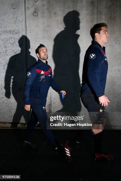 Morgan Parra and Bernard le Roux take the field during the France Captain's Run at Westpac Stadium on June 15, 2018 in Wellington, New Zealand.