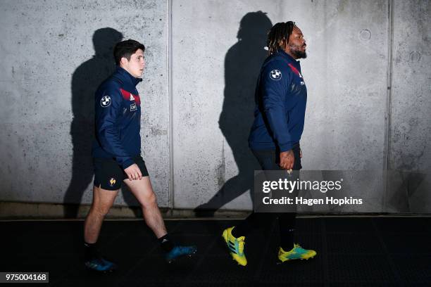 Anthony Belleau and Mathieu Bastareaud take the field during the France Captain's Run at Westpac Stadium on June 15, 2018 in Wellington, New Zealand.