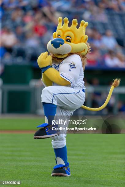 Kansas City Royals mascot Slugger on the field during the MLB interleague game against the Cincinnati Reds on June 13, 2018 at Kauffman Stadium in...