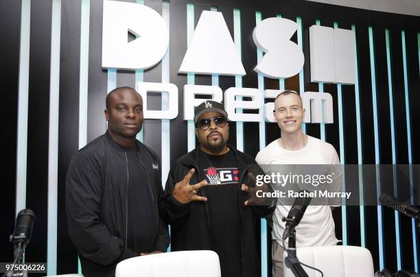 Dream Hotel's VP of Operations Ayo Akinsete, Ice Cube, and Dj Skee attend the Dream Hollywood x Dash radio launch Music Pop-Up on June 14, 2018 in...
