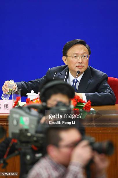 Chinese Foreign Minister Yang Jiechi listens to a media question during a news conference at The Great Hall Of The People on March 7, 2010 in...