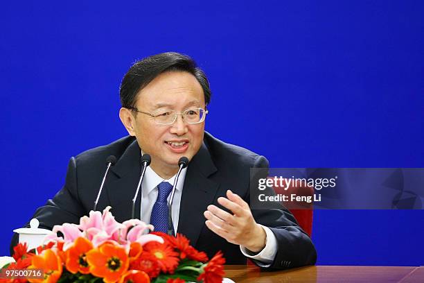 Chinese Foreign Minister Yang Jiechi answers a question during a news conference at The Great Hall Of The People on March 7, 2010 in Beijing, China.