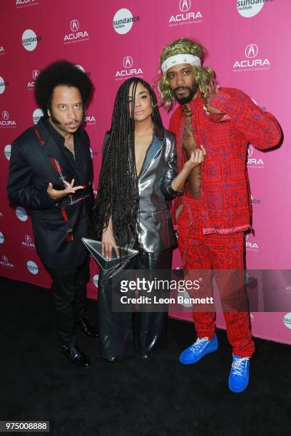 Boots Riley, Tessa Thompson, and Lakeith Stanfield attend Sundance Institute At Sundown at The Theatre at Ace Hotel on June 14, 2018 in Los Angeles,...