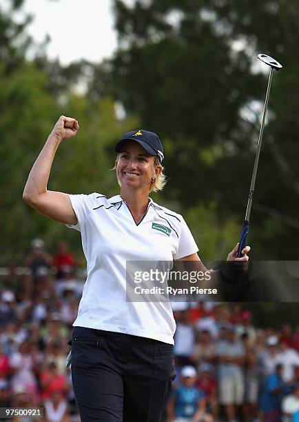 Karrie Webb of Australia celebrates after sinking her winning putt on the 18th hole during round four of the 2010 ANZ Ladies Masters at Royal Pines...