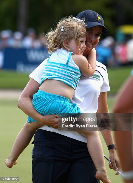 Karrie Webb of Australia celebrates her win with her niece Olivia after round four of the 2010 ANZ Ladies Masters at Royal Pines Resort on March 7,...