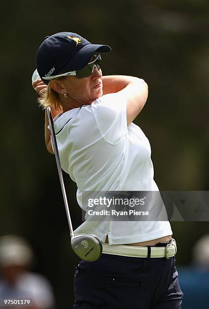 Karrie Webb of Australia plays a fairway wood on the 12th hole during round four of the 2010 ANZ Ladies Masters at Royal Pines Resort on March 7,...