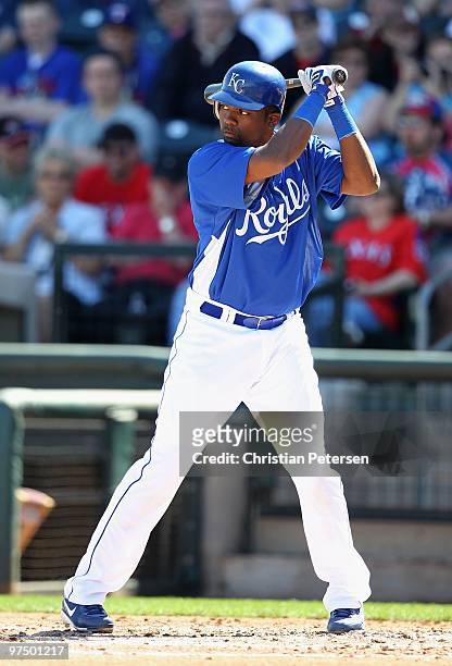 Wilson Betemit of the Kansas City Royals bats against the Texas Rangers during the MLB spring training game at Surprise Stadium on March 5, 2010 in...