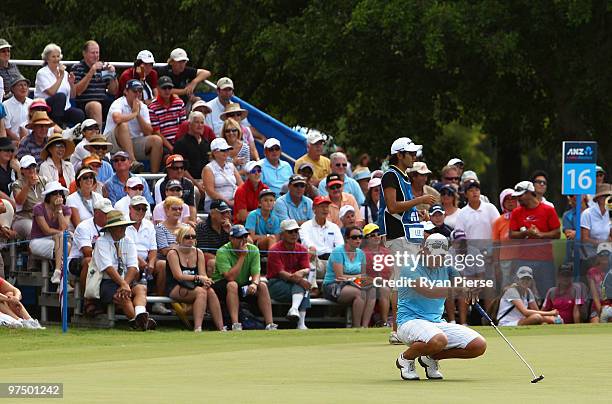 Katherine Hull of Australia falls to her knees after missing a birdie putt on the 16th green during round four of the 2010 ANZ Ladies Masters at...