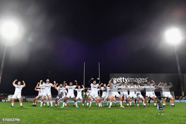 Whetu Douglas of the Crusaders and his team mates perform the Haka Takina Te Kawa prior to the match between the Crusaders and the French Barbarians...