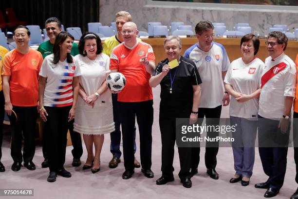 United Nations, New York, USA, June 14 2018 - Security Council members, wearing the jerseys of their national teams, gathered in the chamber today to...
