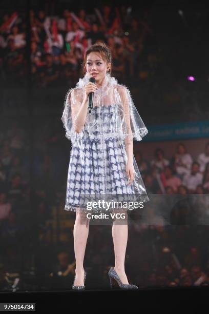 Singer Joey Yung performs on the stage during singer Hins Cheung's 'Hinsideout' live concert at Hong Kong Coliseum on June 14, 2018 in Hong Kong,...