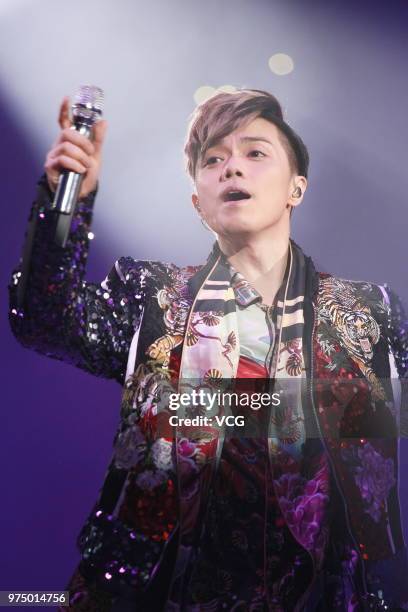 Singer Hins Cheung performs on the stage during his 'Hinsideout' live concert at Hong Kong Coliseum on June 14, 2018 in Hong Kong, China.