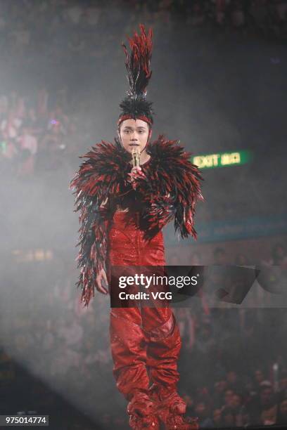 Singer Hins Cheung performs on the stage during his 'Hinsideout' live concert at Hong Kong Coliseum on June 14, 2018 in Hong Kong, China.