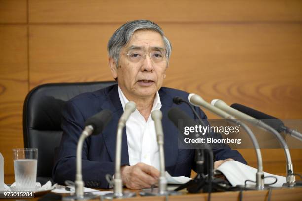 Haruhiko Kuroda, governor of the Bank of Japan , speaks during a news conference in Tokyo, Japan, on Friday, June 15, 2018. The Bank of Japan left...