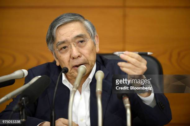 Haruhiko Kuroda, governor of the Bank of Japan , speaks during a news conference in Tokyo, Japan, on Friday, June 15, 2018. The Bank of Japan left...