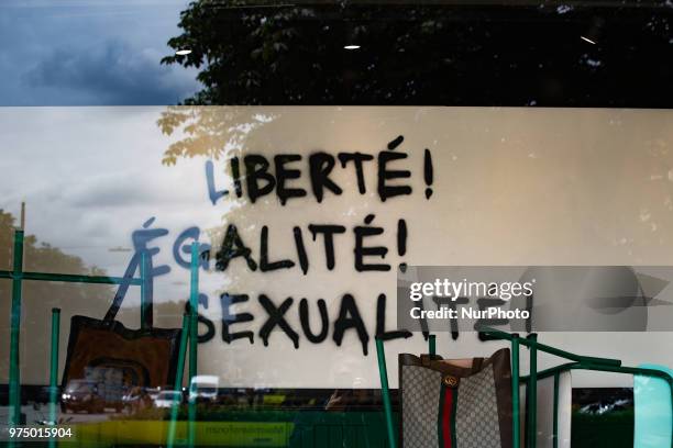 'Liberté Egalité Sexualité' written in the shop window of the Italian luxury brand Gucci owned by the French corporation Kering in Munich.