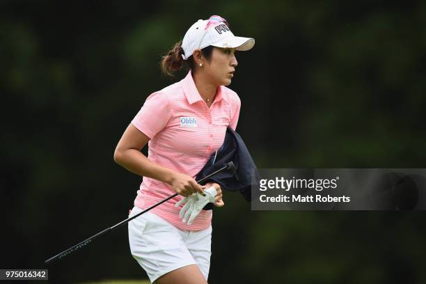 Asako Fujimoto of Japan looks on during the first round of the Nichirei Ladies at the Sodegaura Country Club Shinsode Course on June 15, 2018 in...