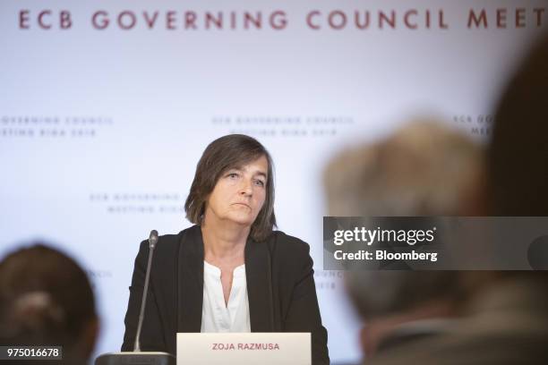 Zoja Razmusa, deputy governor of the Bank of Latvia, listens during the European Central Bank rate decision news conference at the Latvian central...