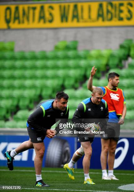 Melbourne , Australia - 15 June 2018; Niall Scannell, left, and Keith Earls during the Ireland rugby squad captain's run in AMMI Park in Melbourne,...