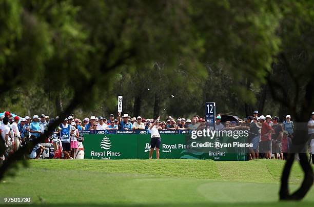 Karrie Webb of Australia hits a tee shot on the 12th hole during round four of the 2010 ANZ Ladies Masters at Royal Pines Resort on March 7, 2010 in...