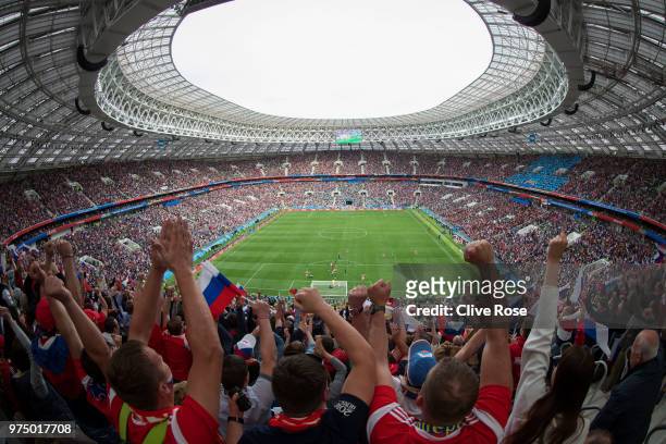 General view of the stadium as fans celebrate the opening goal scored by Iury Gazinsky of Russia during the 2018 FIFA World Cup Russia Group A match...