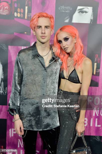 Devon Perkins and Lina Assayed attend MAC Cosmetics Aaliyah Launch Party on June 14, 2018 in Hollywood, California.