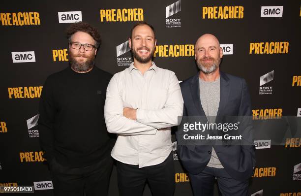 Executive producers Seth Rogen, Evan Goldberg and Sam Catlin attend the premiere of AMC's 'Preacher' Season 3 on June 14, 2018 in Los Angeles,...