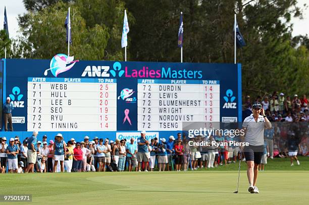 Karrie Webb of Australia walks onto the 18th green during round four of the 2010 ANZ Ladies Masters at Royal Pines Resort on March 7, 2010 in Gold...